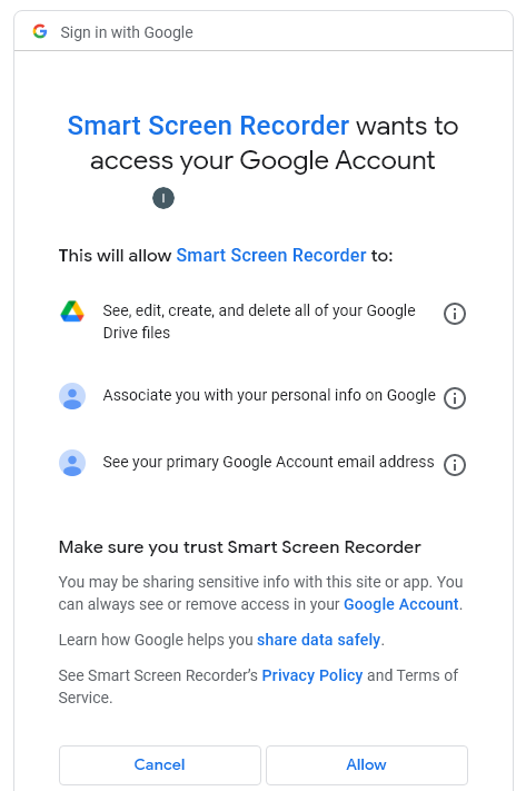 Grant Google Drive access to Smart Screen Recorder